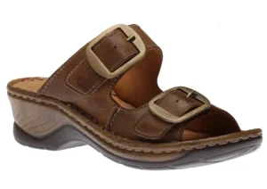 Catalonia 76 Brandy Brown Leather Big Buckle Slide Wedge Sandal