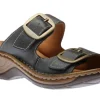 Catalonia 76 Dark Blue Leather Big Buckle Slide Wedge Sandal