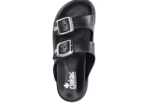 Eva Black Double Strap Silver Buckle Slide Sandal