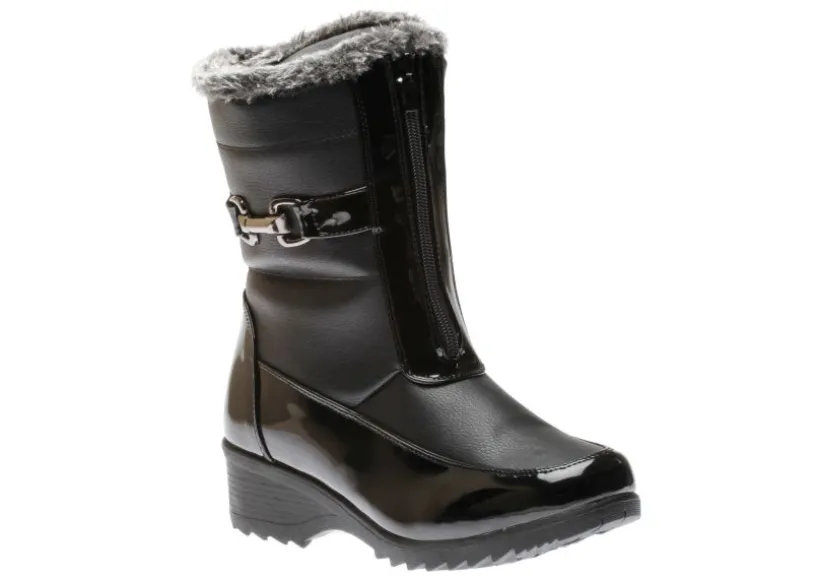 front_zipper_faux_fur_tri_0.webp Front Zipper Faux Fur Trim Black Patent Vegan Leather Winter Boot