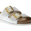 Hester White Patent Gold Buckle Slide Sandal