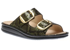 Lipari Green Snakeskin Patent Gold Buckle Slide Sandal