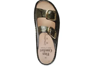 Lipari Green Snakeskin Patent Gold Buckle Slide Sandal