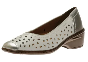 Rashida White Silver Perforated Leather Low Heel Pump