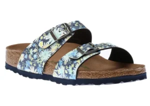 Sydney Vegan Birko-Flor Summer Floral Blue Double Strap Slide Sandal